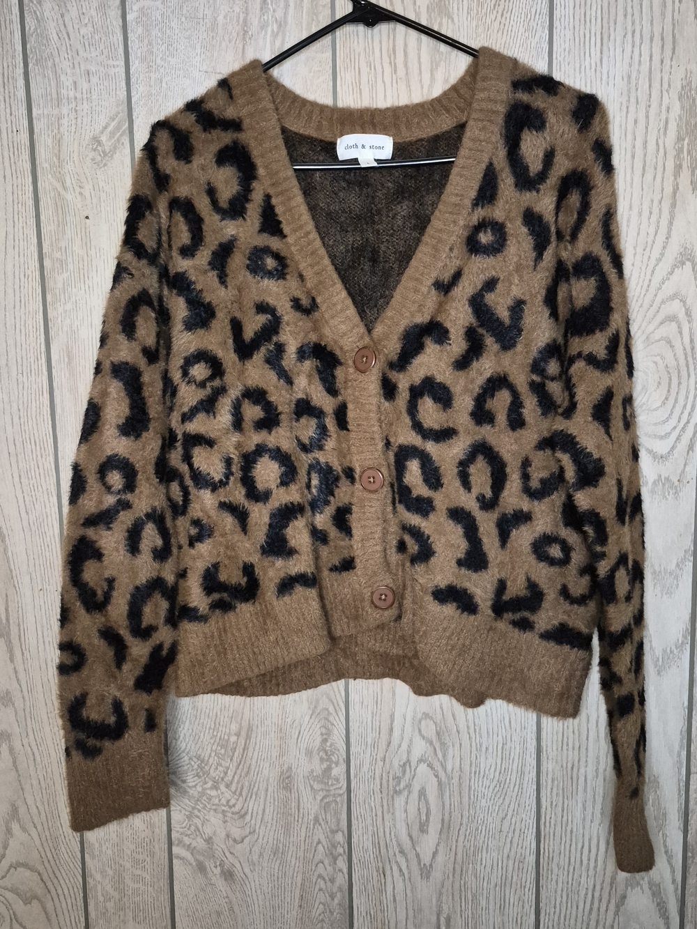 cloth & stone Brown and Black Leopard Fuzzy V-Neck Cardigan